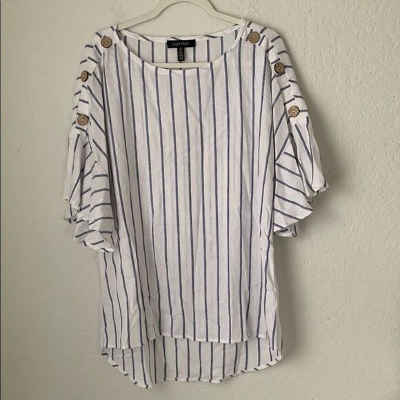 Ellen Tracy Linen Blend Loose Fitting White Blue Short Sleeve Blouse Size L - Picture 1 of 10